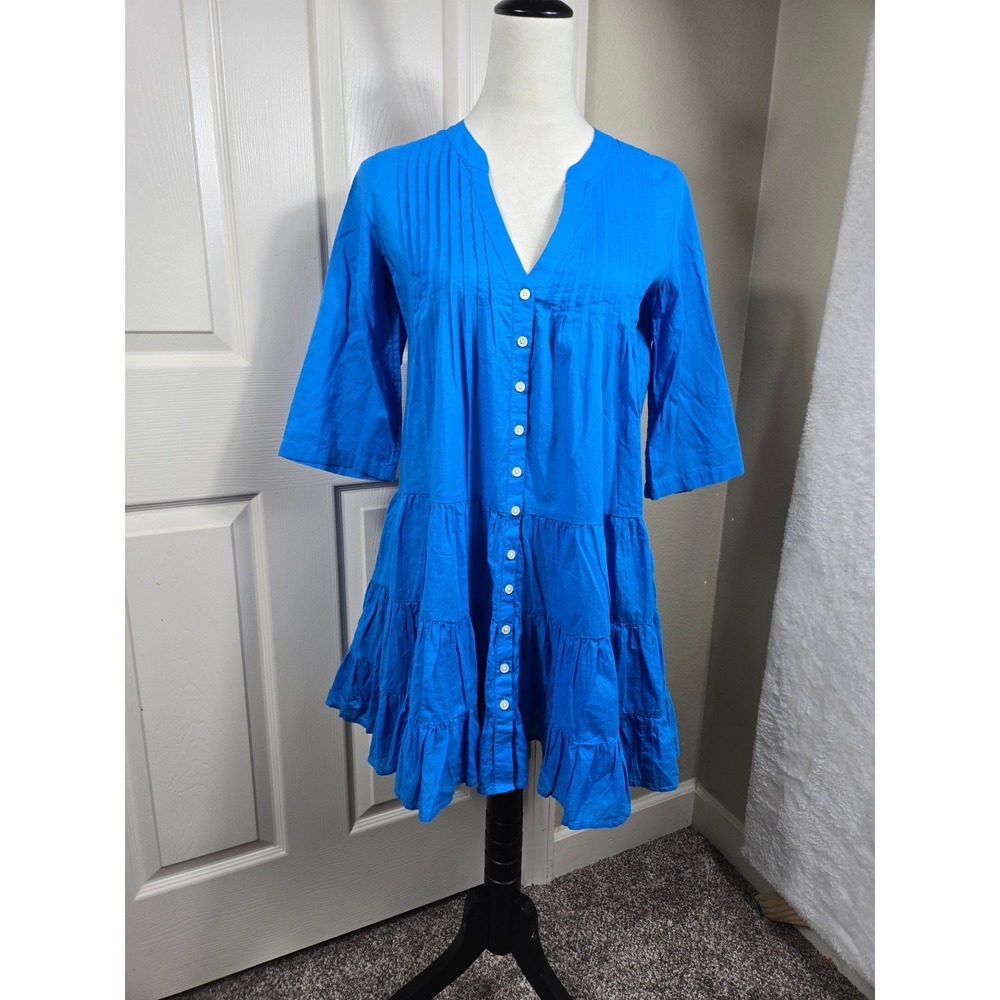 J.Crew XXS Dress Tiered Ruffle Button Down Casual 3/4 Sleeve Blue Coastal Casual